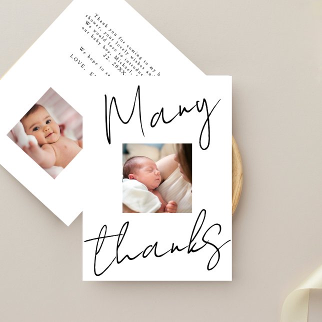 Enkel minimalistisk skript 2 foto baby shower  tack kort (Skapare uppladdad)