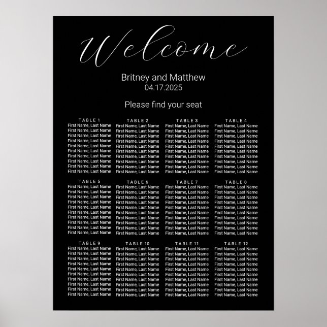 Enkel minimalistisk svart bröllopsställningsplan poster (Framsidan)