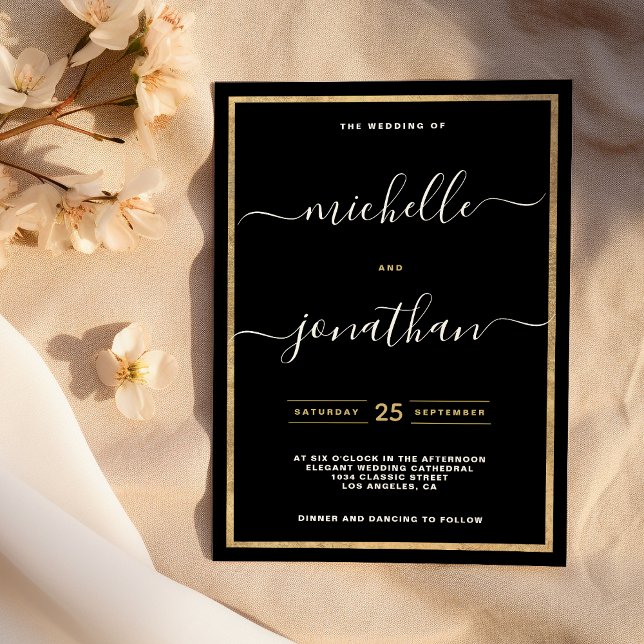 Enkel minimalistisk svart guld kalligrafi bröllop inbjudningar (Simple minimalist black gold calligraphy wedding)
