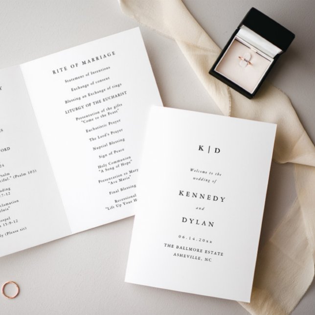 Enkel minimalistisk svart och vit bröllopsfest program (Minimal black and white 5x7' folded wedding monogram program.)