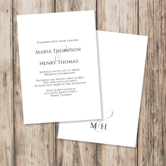 Enkel minimalistisk svart text bröllopsmall inbjudningar (Minimalist black text wedding template with elegant ampersand design for modern stationery.)