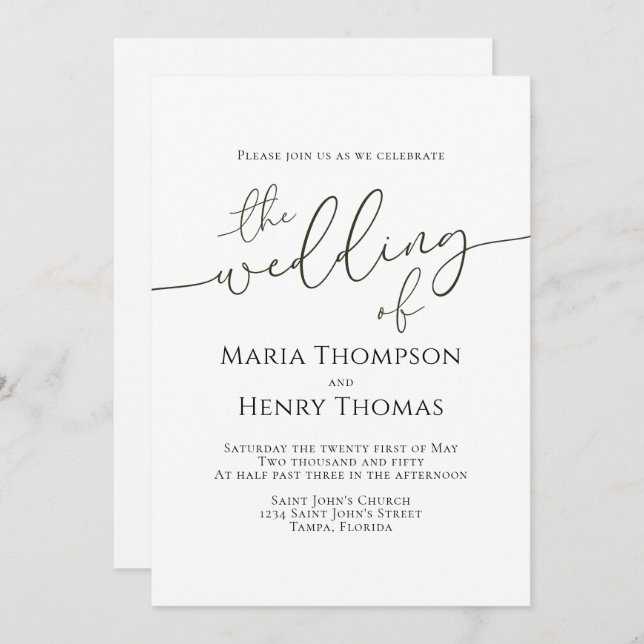 Enkel minimalistisk svart text kalligrafimall inbjudningar (Fram/baksida)