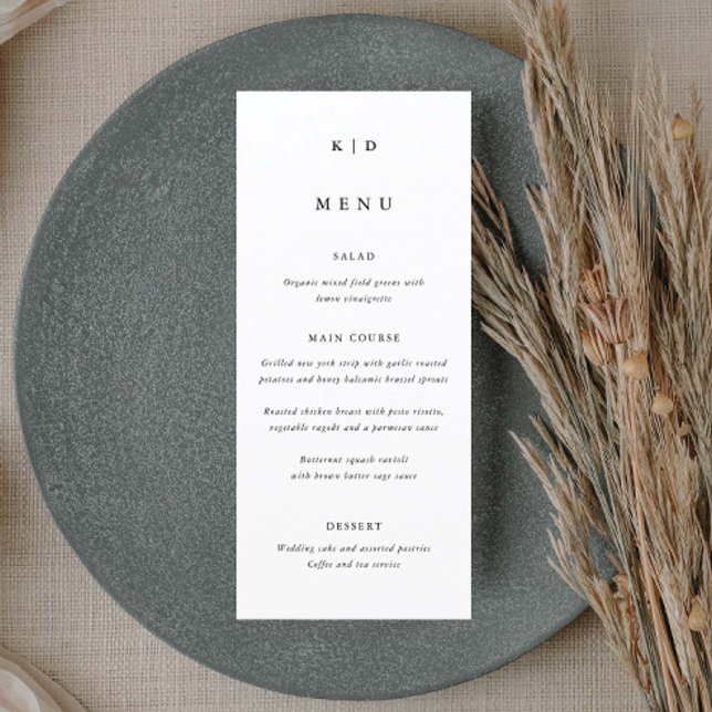 Enkel minimalistisk svart-vit bröllopsfest meny (Simple elegant typography wedding menu.)