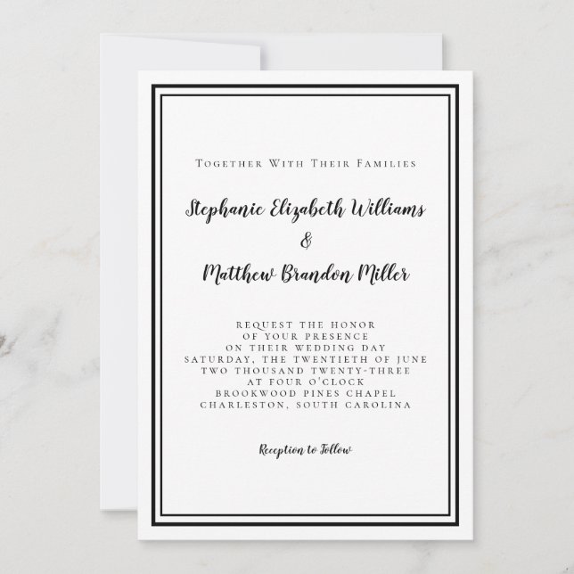 Enkel minimalistisk svart-vit chic bröllopsfest inbjudningar (Framsida)