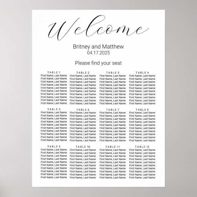 Enkel Minimalistisk Vit Bröllopsställningsplan Poster (Framsidan)