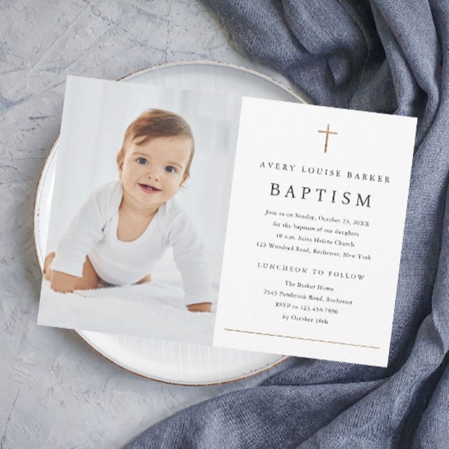 Enkel minimidosering för Religiösan Guld Kor Inbjudningar (Elegant simple photo baptism invitation with gold accents and minimalist typography.)