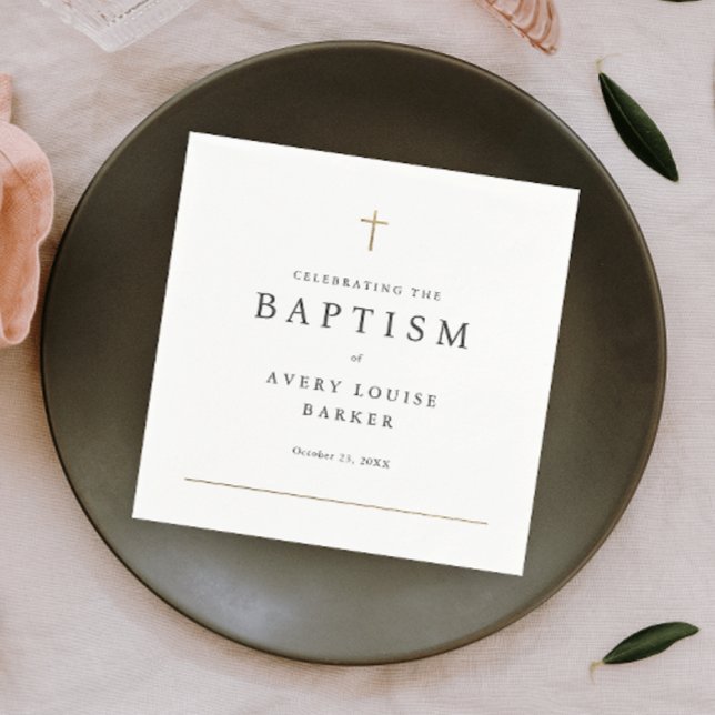 Enkel minimidosering för Religiösan Guld Kor Pappersservett (Elegant simple baptism napkin with minimal gold cross and typography.)