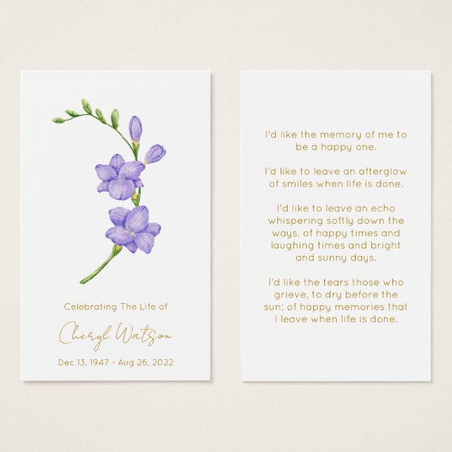Enkel minnesgudstjänst för Freesia - bönkort Visitkort (Framsida & baksida)