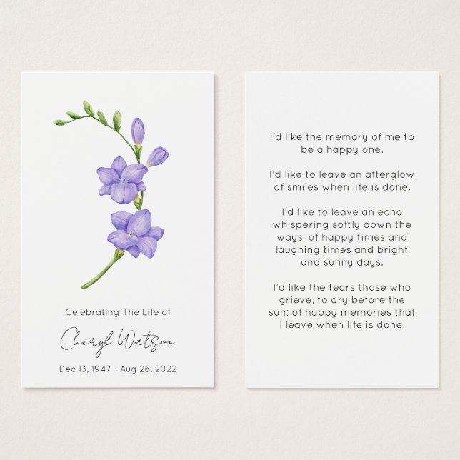 Enkel minnesgudstjänstkort för Freesia Visitkort (Framsida & baksida)
