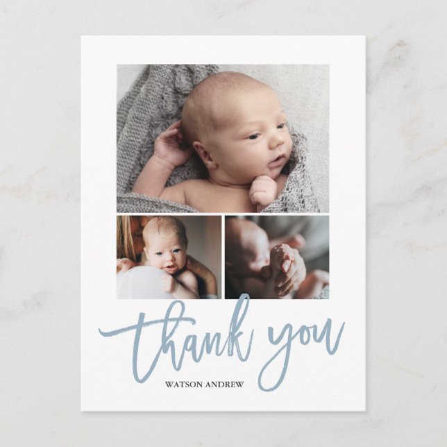 Enkel Modern 3 Foto Collage Baby Foto Tack Vykort (Framsida)