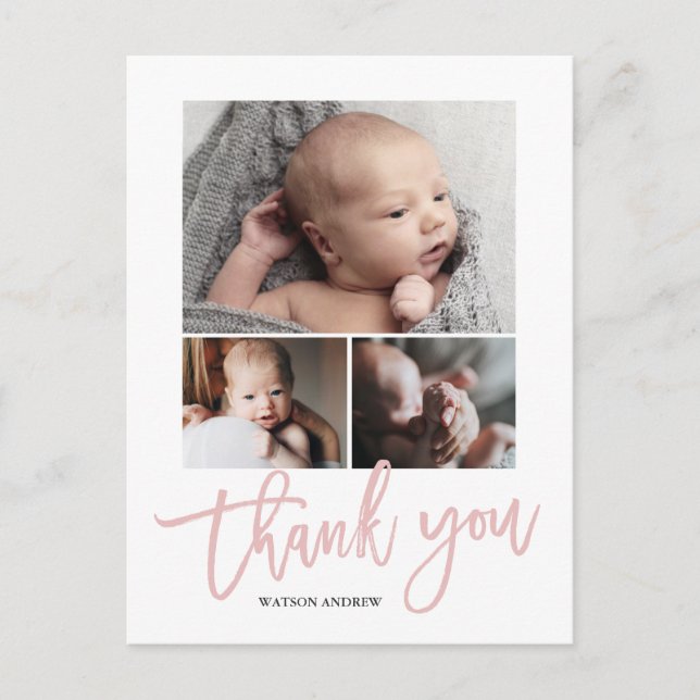 Enkel Modern 3 Foto Collage Baby Foto Tack Vykort (Framsida)