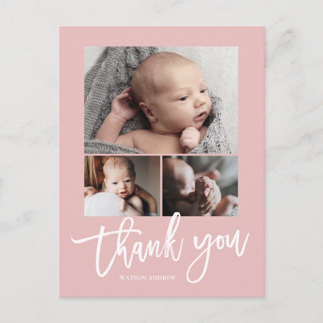 Enkel Modern 3 Foto Collage Baby Foto Tack Vykort (Framsida)