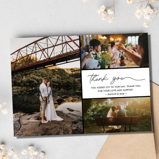 Enkel Modern 3 Photo Bröllop Tack Kort (Simple Modern 3 Photo Wedding Thank You)