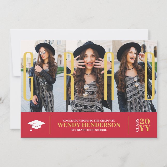 Enkel Modern 3 Photo Collage Red Studenten Meddelande (Framsida)