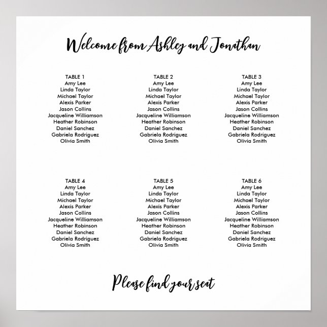 Enkel modern 6-Bord sittplatsplan Poster (Framsidan)