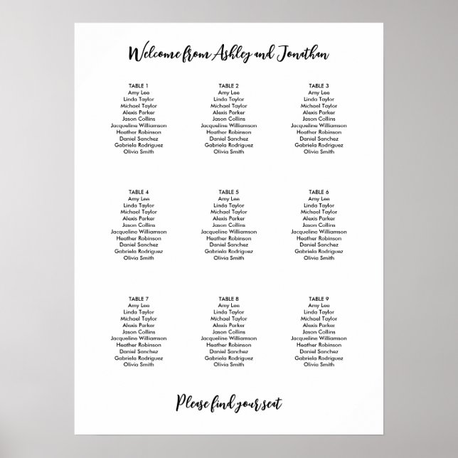 Enkel Modern 9 Bords Sittplatsschema Poster (Framsidan)