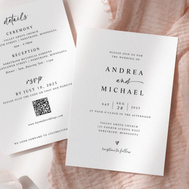 Enkel modern allt i Bröllop i Hand plockade Heart Inbjudningar (Simple Modern All in One wedding invitations with details on the back)