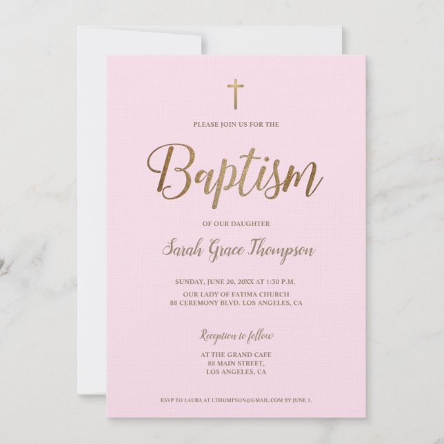 Enkel modern baptism vid Rosa Guld Kor flicka vid Inbjudningar (Framsida)