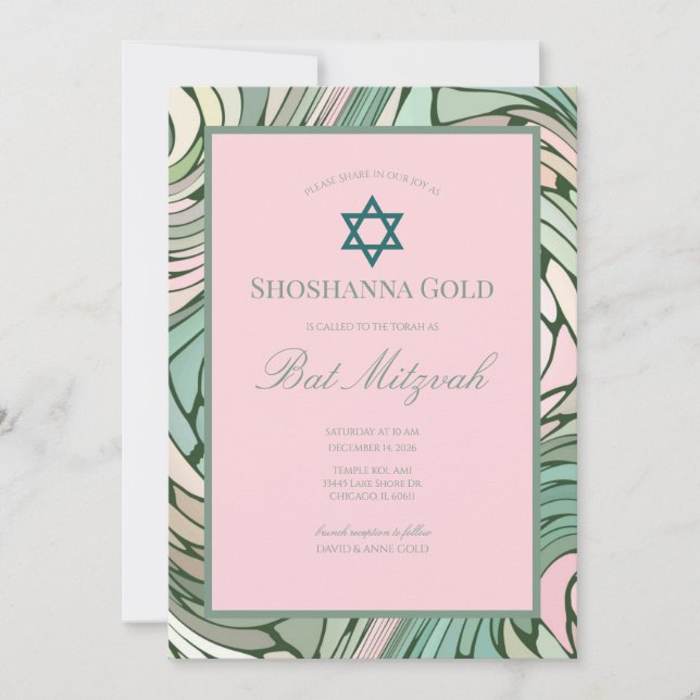 Enkel Modern Bar Mitzvah Rosa och Grön Inbjudningar (Framsida)