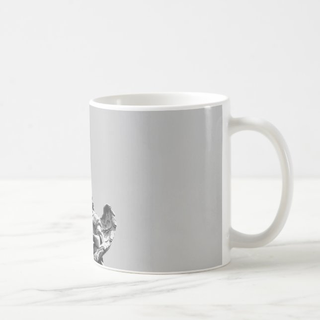 Enkel, modern bild av fiskmås ovanpå statyn kaffemugg (Höger)