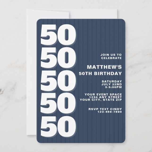 Enkel Modern Blå Rand 50-årsdag Inbjudningar (Framsida)