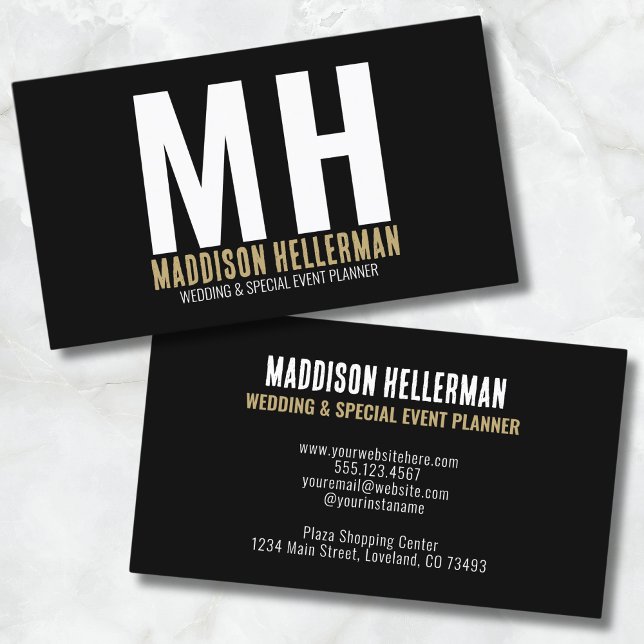 Enkel Modern Black Guld Monogram Visitkort (Simple Stylish Modern Black Gold Monogram Business Card)