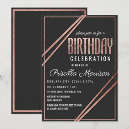 Enkel Modern Black Ro Guld-Chic Linear Birthday Inbjudningar