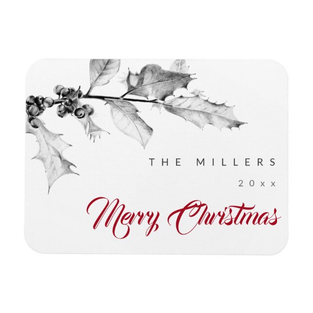 Enkel Modern Black White Holly Teckning jul Magnet (Horisontell)