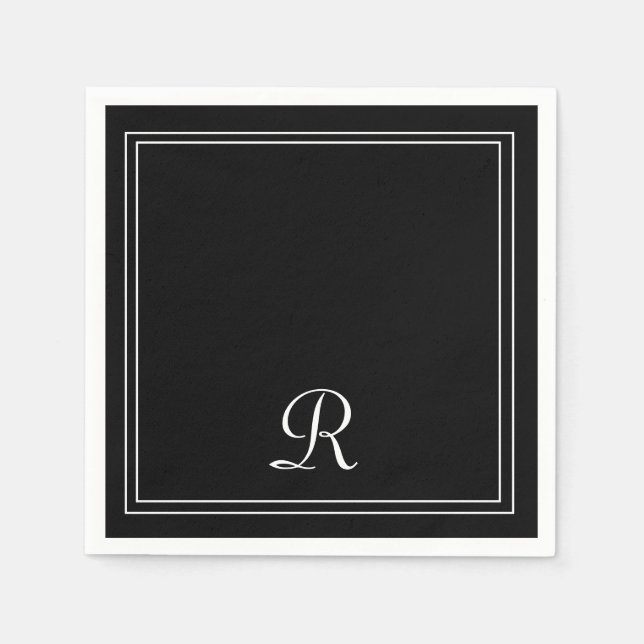 Enkel Modern Black & White Rand Monogram Party Pappersservett (Framsidan)