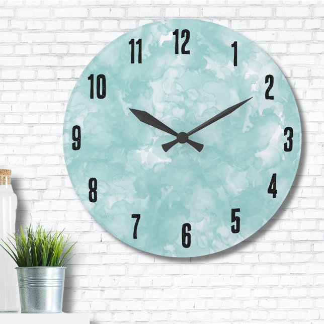 Enkel, modern, blått stor klocka (Simple Modern Turquoise Teal Blue Watercolor Large Clock)