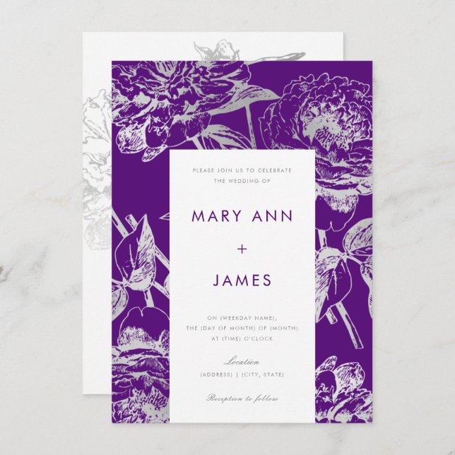 Enkel modern Blommigt Bröllop Silver Lila Inbjudningar (Fram/baksida)