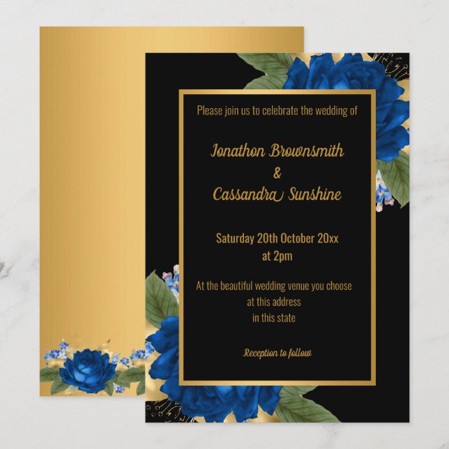 ENKEL MODERN BLUE GULD BLOMMIGT BRÖLLOP ALL BLACK INBJUDNINGAR (Fram/baksida)