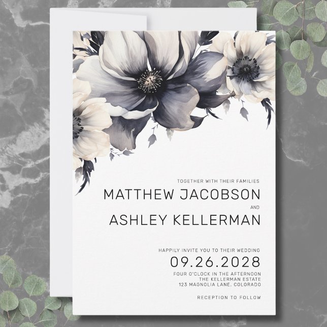 Enkel Modern Boho Blommigt Black White Bröllop Inbjudningar (Modern Boho Floral Black White Wedding Invitation)