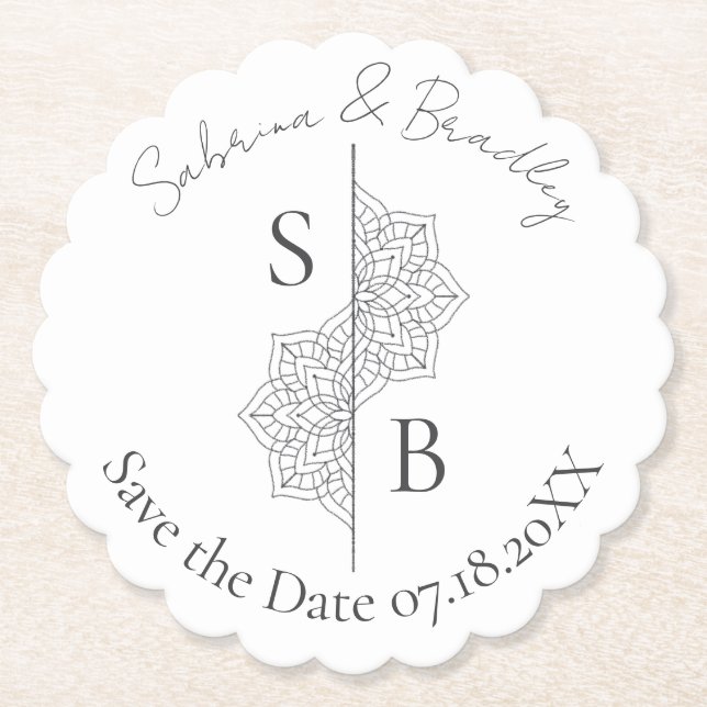 Enkel modern Boho Monogram Mandala Bröllop Underlägg Papper (Framsida)