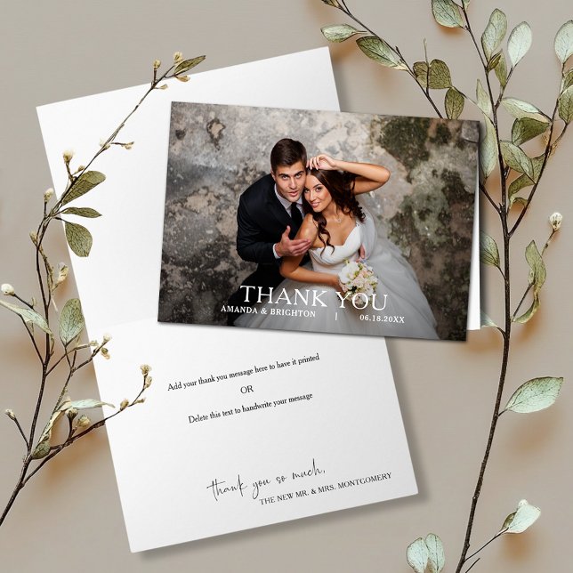Enkel Modern Bröllopsfoto Tack Kort (Modern simple wedding photo folded thank you notes with our message inside or leave blank)