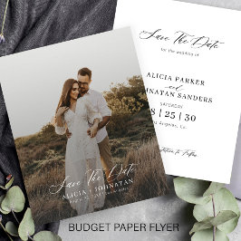 Enkel modern budget fotobryllop spara datum flygblad