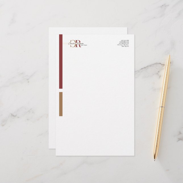 Enkel Modern Burgundy Guld Monogram Brevpapper (Fram/Back In Situ)