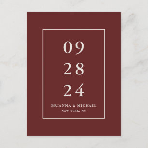 Enkel modern Burgundy Red Bröllop spara datum Vykort