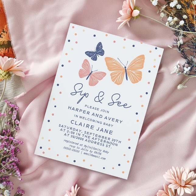 Enkel Modern Butterfly Sip och See Inbjudningar (Simple and modern sip and see invitation featuring butterflies and elegant typography.)