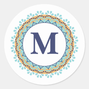 Enkel, modern Chic - marin, blå monogram - inledni Runt Klistermärke