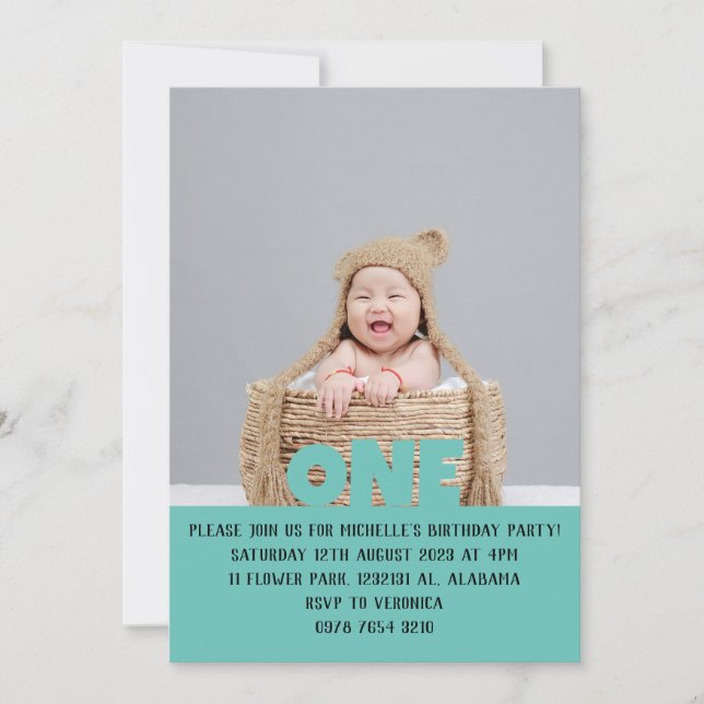 Enkel Modern Cute First Birthday Baby-foto Inbjudningar (Framsida)