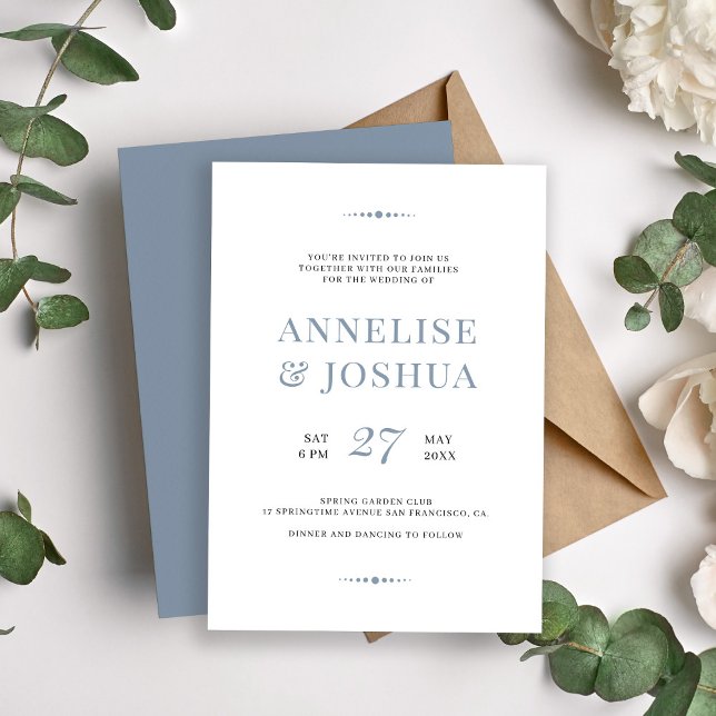 Enkel modern dammig blå typografi bröllop inbjudningar (Skapare uppladdad)
