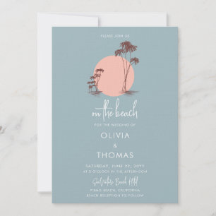 Enkel Modern Dusty Blue Handflatan Träd Beach Wedd Inbjudningar
