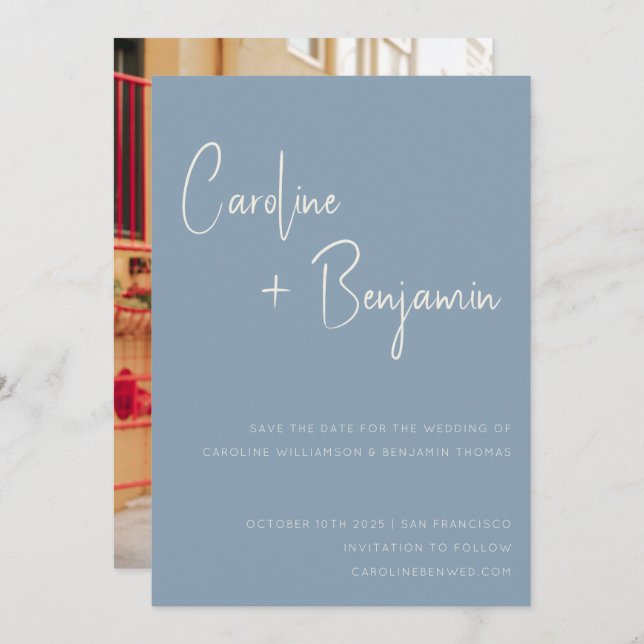 Enkel Modern Dusty Blue Script Photo Bröllop Spara Datumet (Fram/baksida)