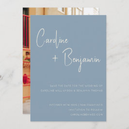 Enkel Modern Dusty Blue Script Photo Bröllop Spara Datumet