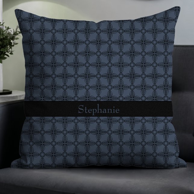 Enkel Modern Elegant Blommigt Monogram Blue Grått Kudde (Skapare uppladdad)