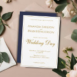 Enkel modern Elegant Golden Script Bröllop Inbjudningar<br><div class="desc">Modern inbjudan och elegant bröllop. Den här enkla, moderna bröllopsinbjudan är underbar för inbjudan dina gäster i bröllop. Texten är ett gyllene modernt skript på vit bakgrund. Du kan enkelt anpassa all text - anpassa den med namn, namn, datum och tid, plats och ändra eller radera text på inbjudan. Baksidan...</div>