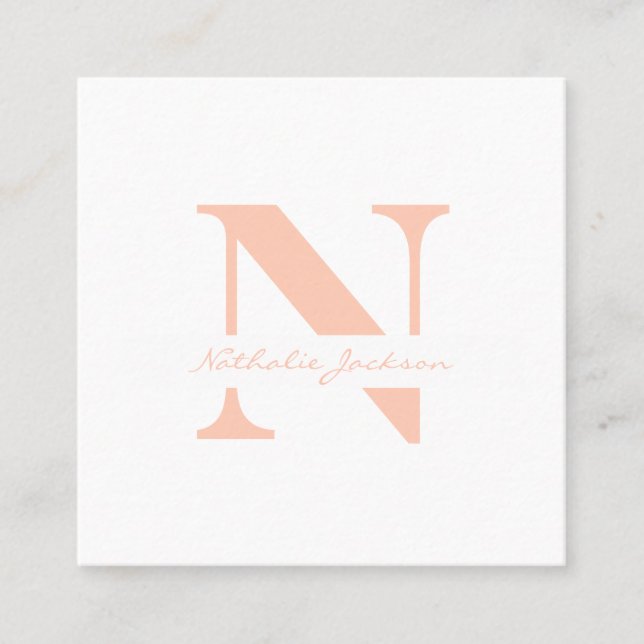 Enkel, modern elegant, vanlig persika med monogram fyrkantigt visitkort (Framsida)