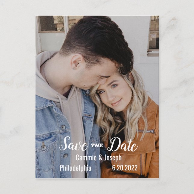 Enkel, modern foto-BW-text Bröllop spara datum Meddelande Vykort (Framsida)