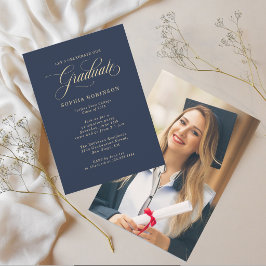 Enkel Modern Fotobläddring Blå Guld Examen Fest  Inbjudningar